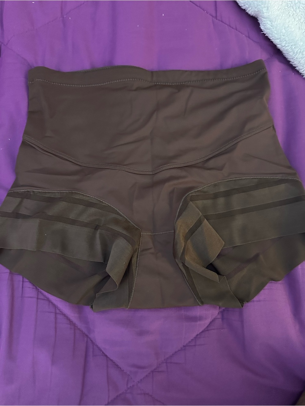 High-Waist Brown Women’s Shorts with Mesh Ruffle Detail